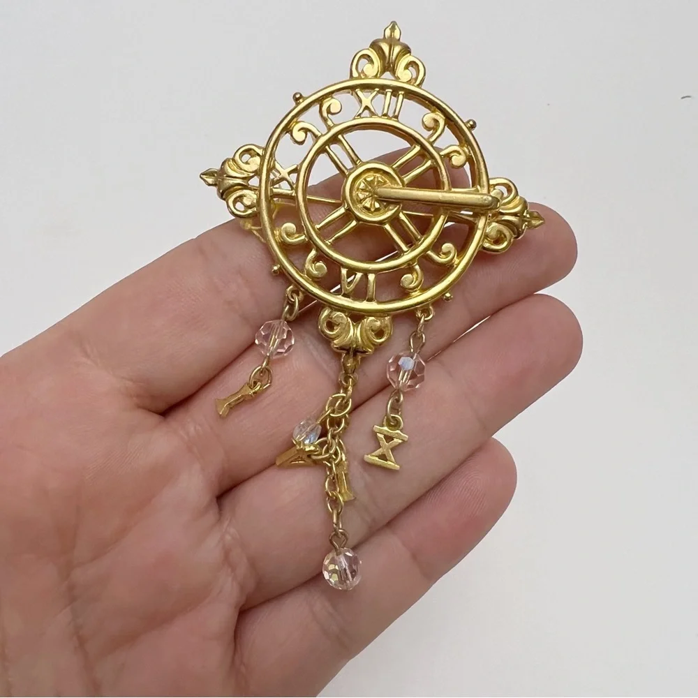 Vtg Kirks Folly Time Celebration Sundial Clock Dangle Crystal Goldtone Brooch - Picture 3 of 7